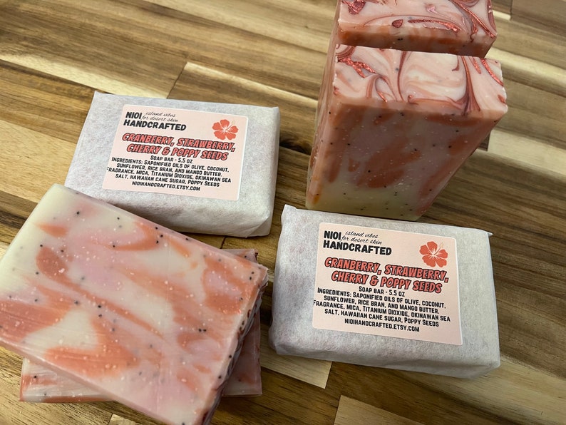 Cranberry, Strawberry, Cherry, & Poppy Seed Handcrafted Soap Bar 5.5oz Okinawa Sea Salt image 4