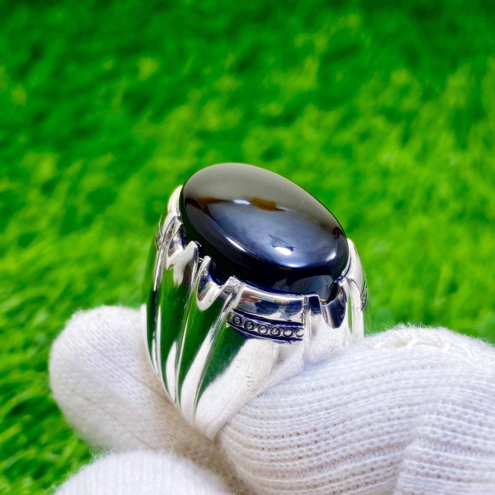 a*o様 ALL STONE RING by BLACK AGATE サイズ17 Yemeni Black Aqeeq Agate Ring: Handmade 925 Sterling Silver Mens