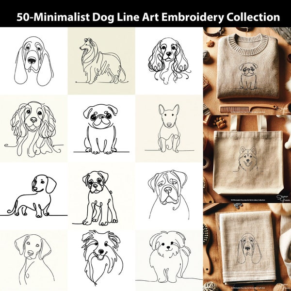 50 Stickdatei Minimalistischer Hund Line Art, Hunderasse Stickerei, Haustierstickerei, Geschenk für Tierliebhaber, Digitale Stickmaschine