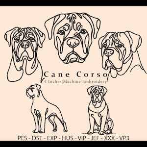 May include: Line art embroidery design of a Cane Corso dog in four different poses. The design is 10 cm in size and includes the text "Cane Corso" and "4 Inches|Machine Embroidery".