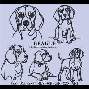 Pode incluir: Cinco desenhos em preto e branco de um beagle em diferentes poses. O texto "BEAGLE" e "5 Inches Machine Embroidery" está abaixo das imagens. O texto "PES - DST - EXP - HUS - VIP - JEF - XXX - VP3" está abaixo do texto.