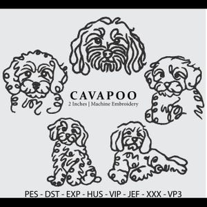 May include: Black and white Cavapoo machine embroidery design. The image features five Cavapoo dog outlines, each with a unique pose. The text "CAVAPOO 2 Inches | Machine Embroidery" is displayed. The design is 2 inches in size.