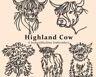 5 Minimalist Highland Cow Embroidery Designs-Bundle, Rustic Farmhouse Western Boho Line Art, Farm Animal Digital Machine File