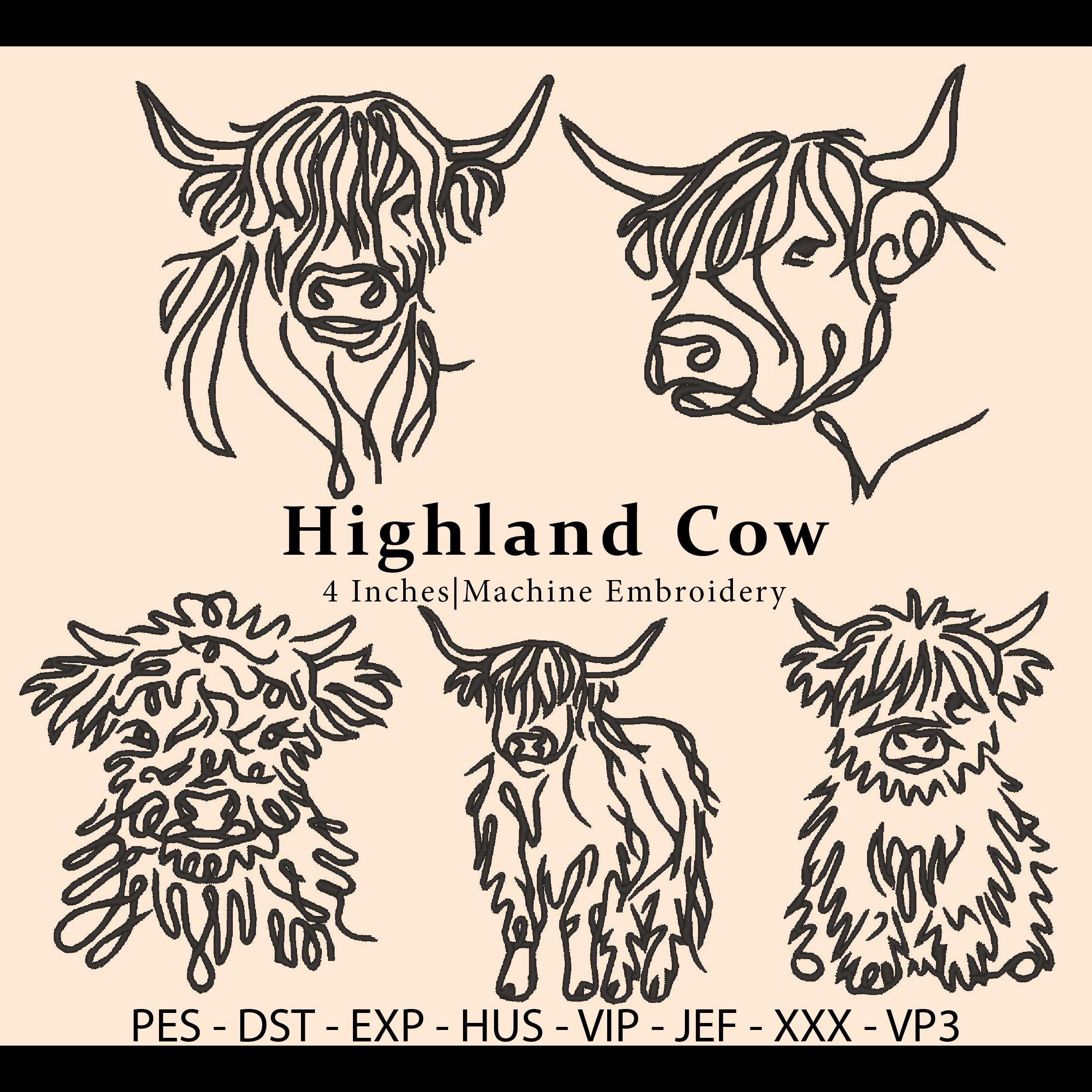 Small Cow Designs 5 Minimalist Highland Cow Embroidery Designs-bundle, Rustic Farmhouse ...
