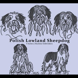 Könnte beinhalten: Helllila Abbildung mit fünf Strichzeichnungen eines Polnischen Tiefland Schäferhundes. Der Text "Polish Lowland Sheepdog" und "6 Inches | Machine Embroidery" stehen darunter. Stickdateiformate sind unten aufgeführt.
