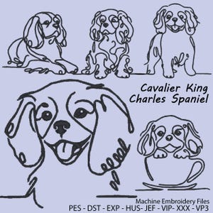 Op de afbeelding: Lijntekening van een Cavalier King Charles Spaniel hond in vier verschillende poses. De hond wordt zittend, liggend en in een kopje getoond. De afbeelding bevat de tekst "Cavalier King Charles Spaniel" en "Machine borduurbestanden PES - DST - EXP - HUS- JEF - VIP-XXX - VP3".