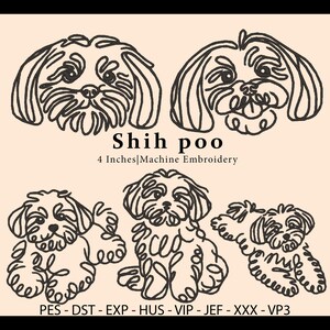 May include: Line art designs of Shih Poo dogs in various poses. The image includes the text "Shih poo" and "4 Inches Machine Embroidery". The designs are in black and white, with several file formats listed below the images.