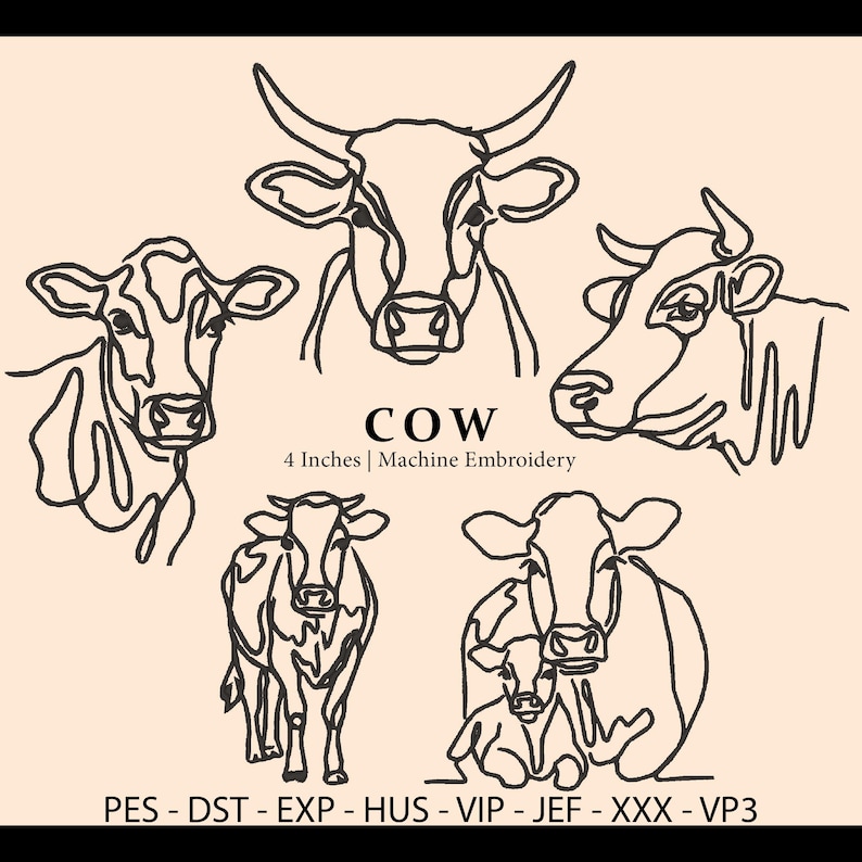Small Cow Designs 5 Minimalist Cow Embroidery Bundle, Cow Line Art Design, Farm Animal ...