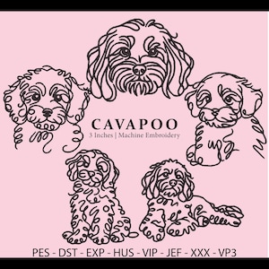 Op de afbeelding: Een roze achtergrond met vijf lijntekeningen van Cavapoo honden. Het woord "CAVAPOO" staat boven "3 inch | Machineborduurwerk". Borduurformaten: PES, DST, EXP, HUS, VIP, JEF, XXX en VP3 staan hieronder.