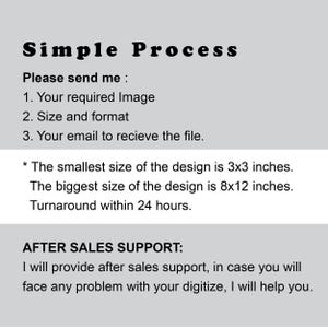 May include: Text on a white background outlining the process for digitizing an image. The text reads: "Simple Process. Please send me: 1. Your required Image 2. Size and format 3. Your email to receive the file. * The smallest size of the design is 3x3 inches. The biggest size of the design is 8x12 inches. Turnaround within 24 hours. AFTER SALES SUPPORT: I will provide after sales support, in case you will face any problem with your digitize, I will help you."
