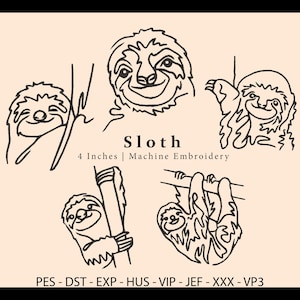 Könnte beinhalten: Eine Sammlung von fünf schwarzen Strichzeichnungen von Faultieren auf einem hellen pfirsichfarbenen Hintergrund. Der Text lautet Sloth 4 Inches | Machine Embroidery und listet die Formate PES - DST - EXP - HUS - VIP - JEF - XXX - VP3 auf. Diese Designs zeigen Faultiere in verschiedenen Posen.