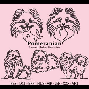 May include: Black line art Pomeranian dog designs on a pink background. The image includes two headshots and three full-body illustrations. Text reads "Pomeranian, 7.6 cm | Machine Embroidery" and file type abbreviations.