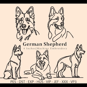 May include: Line art embroidery design of a German Shepherd dog in four different poses. The design is 4 inches in size and includes the file formats PES, DST, EXP, HUS, VIP, JEF, XXX, and VP3.