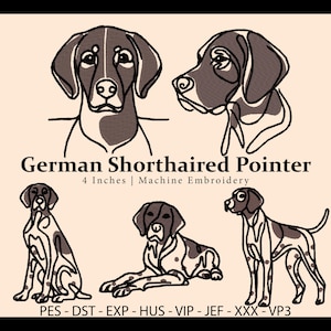以下が含まれることがあります： 様々なポーズのジャーマンショートヘアードポインターのイラスト。デザインには、正面からの肖像画、横顔、全身の3つの描写が含まれています。テキストは「German Shorthaired Pointer、10 cm | ミシン刺繍」と書かれています。