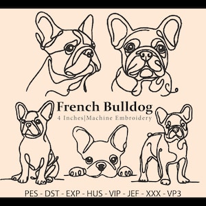 Può includere: Cinque disegni di arte di linea in bianco e nero di Bulldog francesi, ognuno in una posa diversa. I disegni sono di 10 cm di dimensione e sono per ricamo a macchina. Il testo "French Bulldog" e "4 Inches|Machine Embroidery" è sotto i disegni. Il testo "PES - DST - EXP - HUS - VIP - JEF - XXX - VP3" è nella parte inferiore dell'immagine.