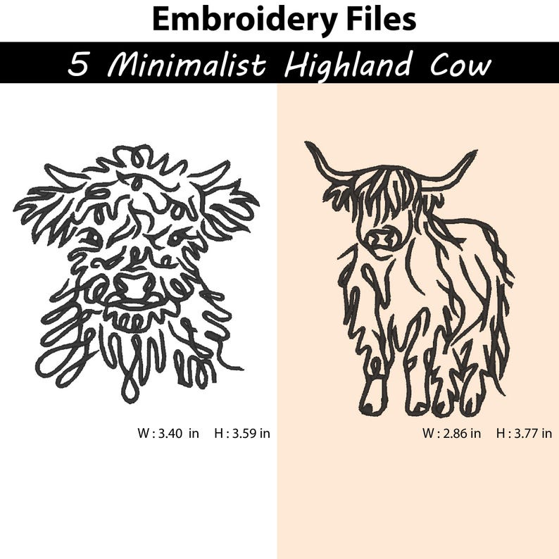 Small Cow Designs 5 Minimalist Highland Cow Embroidery Designs-bundle, Rustic Farmhouse ...