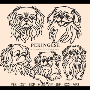 以下が含まれることがあります： ペキニーズ犬の白黒の線画刺繍デザイン4つ。デザインは4インチで、PES、DST、EXP、HUS、VIP、JEF、XXX、VP3のフォーマットで入手できます。
