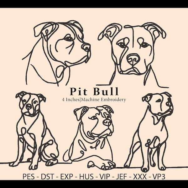 5 diseños de bordado minimalistas de Pit Bull Terrier, arte lineal, raza de perro, bordado de mascotas, regalos para amantes de las mascotas, diseño de máquina de bordado digital