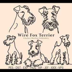 Może przedstawiać: Pięć czarno-białych rysunków Wire Fox Terriera w różnych pozach. Tekst "Wire Fox Terrier" i "4 Inches | Machine Embroidery" znajduje się pod obrazkami. Tekst "PES - DST - EXP - HUS - VIP - JEF - XXX - VP3" znajduje się pod tekstem.