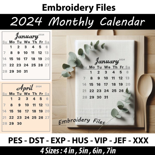 4 Sizes 2024 Monthly Calendar Embroidery Design,Minimal Black and White,Sunday start,January - December,Stylish Calendar