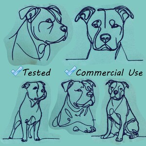 May include: Four line drawings of a pit bull dog in different poses. The drawings are in black on a light blue background. The text "Tested" and "Commercial Use" are checked off in the bottom left and right corners of the image.