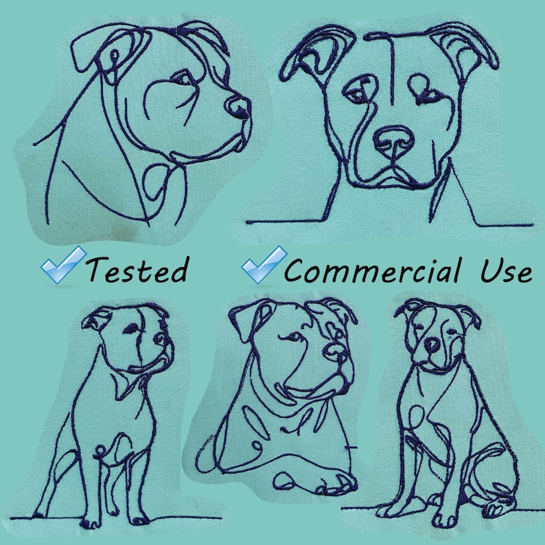May include: Four line drawings of a pit bull dog in different poses. The drawings are in black on a light blue background. The text "Tested" and "Commercial Use" are checked off in the bottom left and right corners of the image.