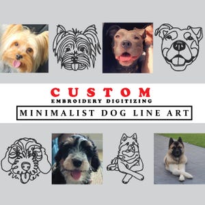 以下が含まれることがあります： ミニマリストな犬の線画の刺繍デジタル化。画像には、ヨークシャーテリア、ピットブル、ゴールデンレトリバー、ハスキーなど、犬の線画の例がいくつか示されています。