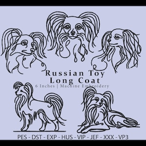 May include: A light purple image featuring five line drawings of a Russian Toy Long Coat dog. The text reads "Russian Toy Long Coat 6 Inches | Machine Embroidery" and includes file formats. The dog drawings are in various poses.
