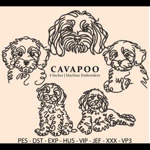 5 broderidesigner minimalistiska Cavapoo-linjer, hundraser, husdjursbroderi, presenter för husdjursälskare, hundkonturer, digital broderimaskindesign