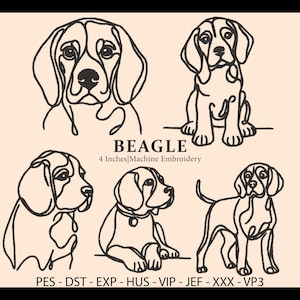 Può includere: Un set di cinque disegni in bianco e nero di cani beagle in varie pose. I disegni sono di 10 cm e sono adatti per il ricamo a macchina. I formati di file inclusi sono PES, DST, EXP, HUS, VIP, JEF, XXX e VP3.