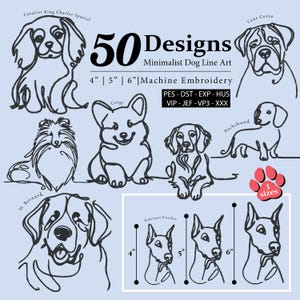 Pacchetto 3 misure 50 Disegni da Ricamo Minimalista Cane Linea Arte, Ricamo Razza Canina, Ricamo Animali Domestici, Regali per Amanti degli Animali Domestici, Contorno Cane