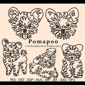 Pode incluir: Desenhos de bordado em arte de linha preta de um cão Pomapoo em várias poses. A imagem inclui a palavra "Pomapoo" e o texto "4 Inches|Machine Embroidery". Os formatos de arquivo estão listados na parte inferior.