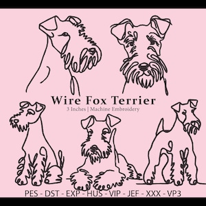 Może przedstawiać: Czarne rysunki liniowe Wire Fox Terriera w różnych pozach na różowym tle. Tekst brzmi "Wire Fox Terrier" i "3 Inches | Machine Embroidery". Obraz zawiera również formaty plików haftu.