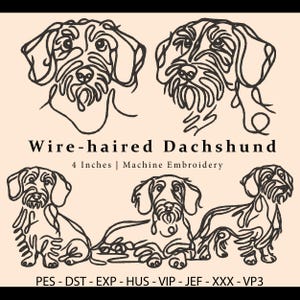 Puede incluir: Ilustraciones de perros salchicha de pelo duro en blanco y negro, en varias poses. Incluye el texto "Wire-haired Dachshund" y "4 Inches | Machine Embroidery" (aproximadamente 10 cm). También se muestran formatos de archivos de bordado.