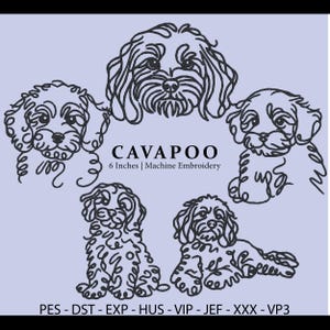 Op de afbeelding: Een lichtpaarse afbeelding met vijf zwarte contouren van Cavapoo-honden. De tekst "CAVAPOO" is gecentreerd, met "6 Inches | Machine Embroidery" eronder. De onderkant toont borduurformaten.
