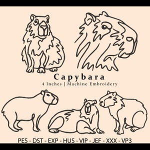 Op de afbeelding: Een digitale collectie van vijf zwarte lijntekeningen van capibara's op een licht perzikkleurige achtergrond. De tekst luidt Capybara, 4 Inches | Machine Embroidery, en de formaten PES, DST, EXP, HUS, VIP, JEF, XXX, VP3 staan onderaan.