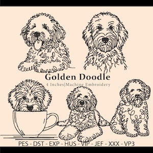 May include: Four black and white line drawings of Golden Doodle dogs in various poses. The text "Golden Doodle" and "4 Inches Machine Embroidery" is below the images. The text "PES - DST - EXP - HUS - VIP - JEF - XXX - VP3" is at the bottom of the image.