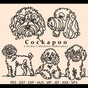 Peut inclure: Cinq dessins au trait noir et blanc de chiens Cockapoo dans différentes poses. Le texte "Cockapoo" et "4 pouces | Broderie machine" est sous les images. Le texte "PES - DST - EXP - HUS - VIP - JEF - XXX - VP3" est en bas de l'image.