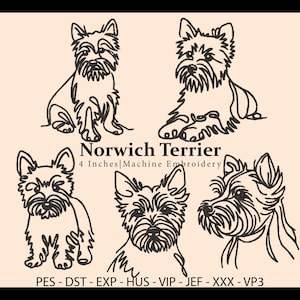 以下が含まれることがあります： 黒い線画で描かれた4匹のノーウィッチテリアのデジタル刺繍デザイン。デザインは4インチで、「ノーウィッチテリア」と「4 Inches|Machine Embroidery」のテキストが含まれています。デザインは次のフォーマットで入手できます: PES、DST、EXP、HUS、VIP、JEF、XXX、VP3.