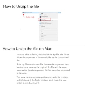 May include: A screenshot showing how to unzip a file on a Windows computer. The instructions show how to right-click on a file and select "Extract Here" from the menu. The screenshot also includes instructions on how to unzip a file on a Mac computer.