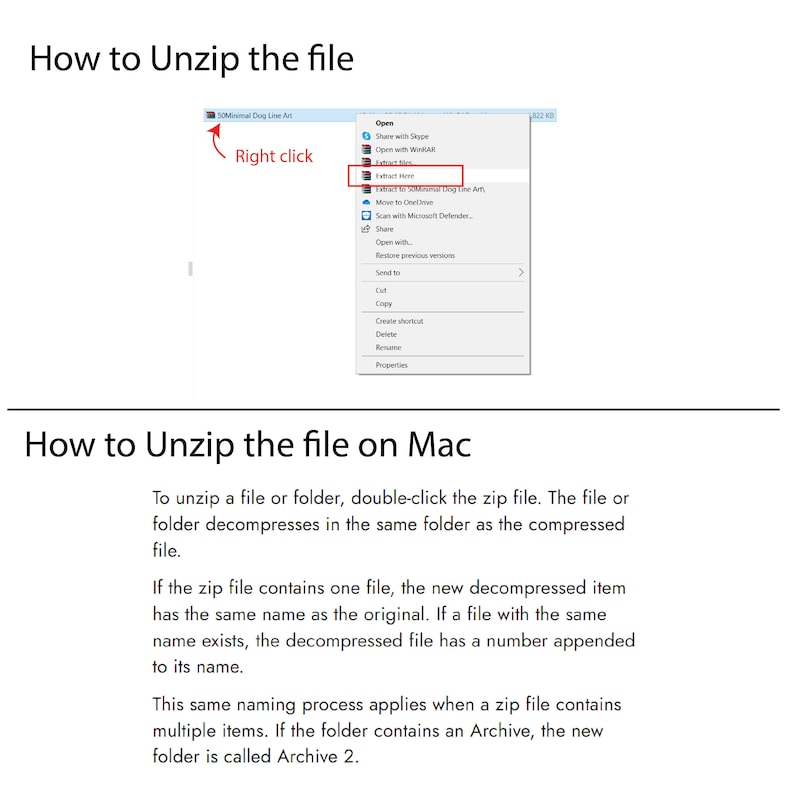 May include: A screenshot showing how to unzip a file on a Windows computer. The instructions show how to right-click on a file and select "Extract Here" from the menu. The screenshot also includes instructions on how to unzip a file on a Mac computer.