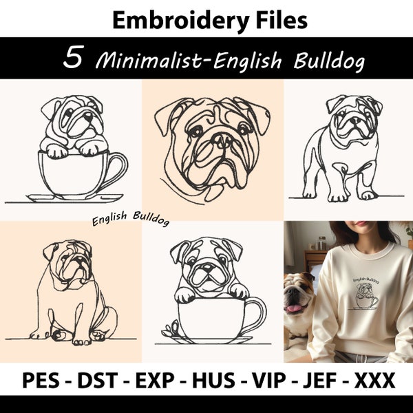5 Embroidery Design Minimalist English BullDog Line Art,Dog Breed,pet embroidery,pet lovers gifts,Digital embroidery machine design