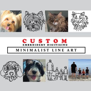 Può includere: Un display digitale che presenta servizi di digitalizzazione di ricami personalizzati con esempi di arte lineare minimalista. L'immagine mostra fotografie di cani e di una famiglia accanto alle relative illustrazioni a linee nere su sfondo grigio.