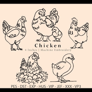 Może przedstawiać: Cyfrowa kolekcja pięciu czarnych rysunków liniowych przedstawiających kury i pisklęta do haftu maszynowego. Tekst brzmi Chicken 4 Inches | Machine Embroidery i wymienia formaty PES - DST - EXP - HUS - VIP - JEF - XXX - VP3.