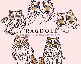 5 diseños de gato Ragdoll de 4 pulgadas, diseños de bordado minimalistas, bordado de retrato de mascota, regalos para amantes de las mascotas, diseño de máquina de bordado digital