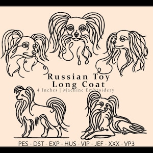 May include: A beige background features five line drawings of Russian Toy Long Coat dogs. The text "Russian Toy Long Coat" is above the measurement "4 Inches | Machine Embroidery". Below are file formats: PES, DST, EXP, HUS, VIP, JEF, XXX, VP3.