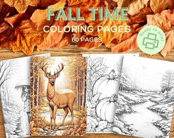Desenhos para colorir de outono: folhas, abóboras e animais (download digital)