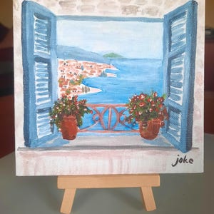 Mini tela com janela para o mar | Bela pintura acrílica original da Grécia | Pintura acrílica de paisagem grega | Arte original feita à mão