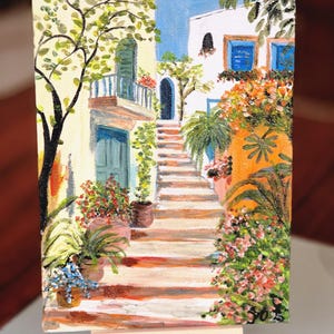 Mini pintura em tela de cenário mediterrâneo | Pintura mediterrânea original com casas tradicionais, escadas e flores luxuriantes