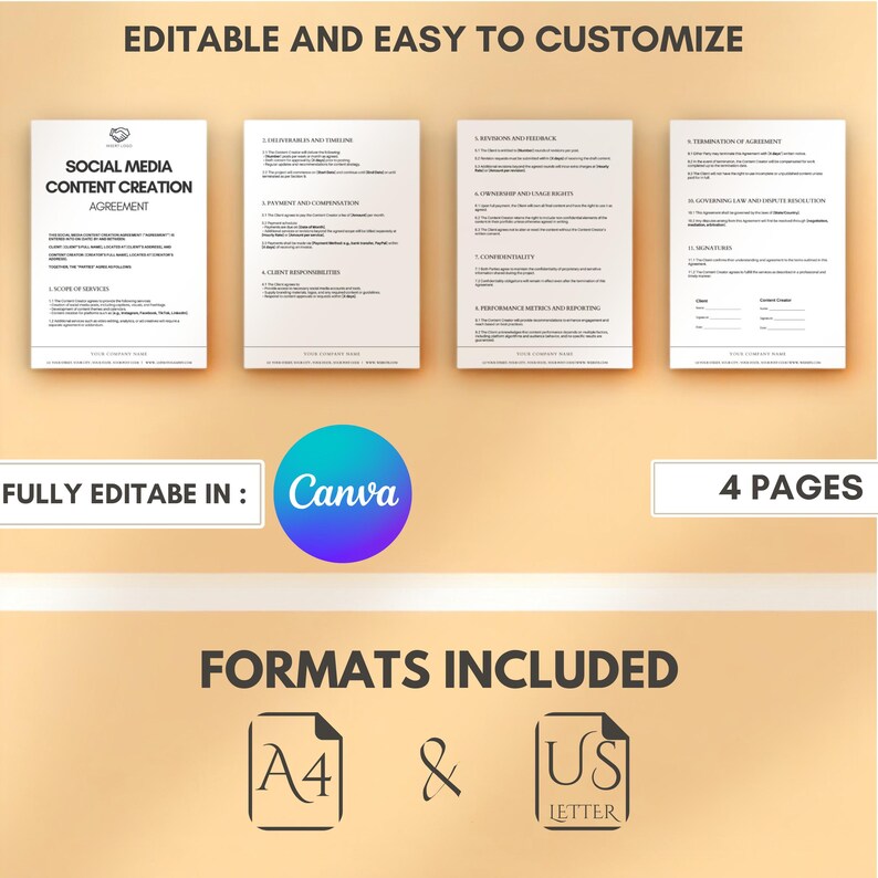 Social Media Content Creation Contract Template Editable Canva